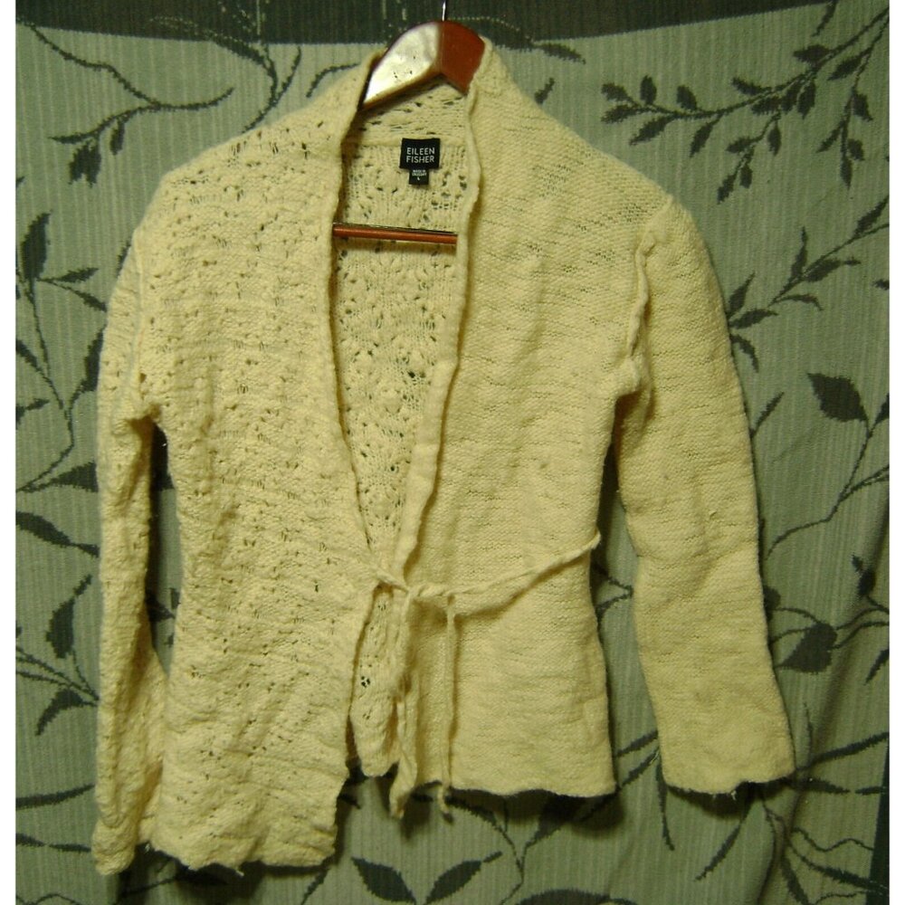 Eileen Fisher Cream Knit Open Front Cardigan Sweater 100% Wool Size Large Womens